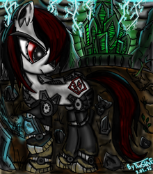 Size: 838x954 | Tagged: safe, artist:thestive19, oc, oc only, oc:blackjack, species:pony, species:unicorn, fallout equestria, fallout equestria: project horizons, augmented, biohacking, cutie mark, cyber legs, cyborg, dead tree, fanfic, fanfic art, female, hooves, mare, raised hoof, solo, tree