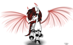 Size: 2900x1800 | Tagged: safe, artist:radinance, artist:thestive19, oc, oc only, oc:blackjack, species:pony, species:unicorn, fallout equestria, fallout equestria: project horizons, augmented, biohacking, cutie mark, cyber legs, cyborg, demon, devil horns, ear fluff, ethereal wings, fanfic, fanfic art, female, grin, hooves, horn, mare, simple background, smiling, solo, spread wings, white background, wings
