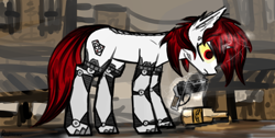 Size: 1180x595 | Tagged: safe, artist:thestive19, oc, oc only, oc:blackjack, species:pony, species:unicorn, fallout equestria, fallout equestria: project horizons, augmented, biohacking, bottle, cyber eyes, cyborg, fanfic, fanfic art, female, glowing horn, gun, handgun, hooves, horn, levitation, magic, mare, pistol, solo, telekinesis, weapon