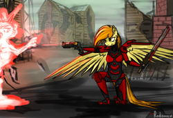 Size: 1500x1024 | Tagged: safe, artist:thestive19, oc, oc only, species:anthro, species:pegasus, species:pony, fallout equestria, armor, chainsword, disintegration, energy weapon, fanfic, fanfic art, female, grin, gun, handgun, hooves, horn, laser, laser pistol, magical energy weapon, pistol, ruins, smiling, solo, spread wings, weapon, wings