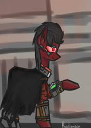 Size: 1104x1546 | Tagged: safe, artist:thestive19, oc, oc only, oc:red eye, species:earth pony, species:pony, fallout equestria, abstract background, augmented, biohacking, cape, clothing, coat, collaboration, cyber eyes, cyborg, ear fluff, fallout, fanfic, fanfic art, hooves, male, pipbuck, profile, raised hoof, solo, stallion
