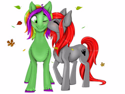 Size: 4000x3000 | Tagged: safe, artist:athenawhite, oc, oc only, species:earth pony, species:pony, blushing, chest fluff, eyes closed, eyeshadow, female, kiss on the cheek, kissing, makeup, male, mare, mascara, multicolored hair, oc x oc, one eye closed, red hair, red mane, red tail, shipping, simple background, stallion, straight, white background