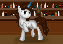 Size: 1754x1240 | Tagged: safe, artist:hugo231929, oc, oc only, species:pony, species:unicorn, alcohol, looking at you, money bag, smug, solo