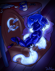 Size: 1400x1800 | Tagged: safe, artist:darkvulpes, character:princess luna, species:alicorn, species:pony, gamer luna, armchair, belly, clothing, controller, cute, cutie mark, dualshock controller, ethereal mane, female, fluffy, food, galaxy mane, glowing mane, horn, mare, marshmallow, pillow, sleeping, slippers, smiling, solo, table, tea, tulpa, weapons-grade cute, wings