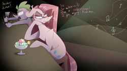 Size: 1920x1080 | Tagged: safe, artist:wacky-skiff, character:pinkamena diane pie, character:pinkie pie, character:spike, species:dragon, species:pony, episode:yakity-sax, g4, my little pony: friendship is magic, angry, bar, bored, donut, food, ice cream, music, p!nk, so what, song reference