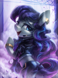 Size: 3000x4000 | Tagged: safe, artist:vanillaghosties, character:coloratura, species:earth pony, species:pony, g4, beautiful, bipedal, bracelet, clothing, concept art, crossover, cute, female, jacket, jewelry, k/da, kai'sa, league of legends, looking at you, looking back, looking back at you, mare, midriff, open mouth, pants, plot, ponified, rarabetes, shirt, solo