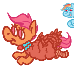 Size: 500x500 | Tagged: safe, artist:dubiousdummy, character:rainbow dash, character:scootaloo, species:pegasus, species:pony, female, filly, scootachicken, scootaturkey, silly, turkey costume