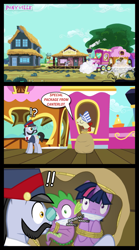 Size: 667x1198 | Tagged: safe, artist:bigsnusnu, character:spike, character:twilight sparkle, oc:dusk shine, species:dragon, species:earth pony, species:pony, species:unicorn, comic:dusk shine in pursuit of happiness, carriage, comic, dialogue, friendship express, literal shipping, ponyville train station, prank, rope, rule 63, sack, tied up, train, unicorn dusk shine, unsexy bondage