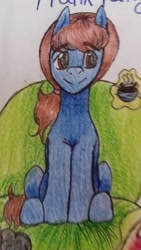 Size: 1836x3264 | Tagged: safe, artist:mya-chan nina, oc, oc only, oc:frank fang, species:earth pony, species:pony, armchair, brown eyes, brown hair, seat, sitting, smiley face, solo, traditional art