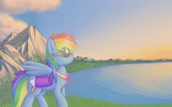 Size: 1920x1200 | Tagged: safe, artist:lurarin, character:rainbow dash, fanfic:austraeoh, element of loyalty, fanfic art, goggles, grass, lake, mountain, nature, outdoors, saddle bag, scenery, sunset
