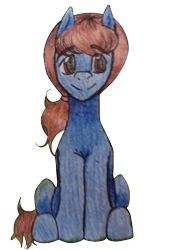 Size: 1800x2455 | Tagged: safe, artist:mya-chan nina, oc, oc only, oc:frank fang, species:earth pony, species:pony, 2019 community collab, derpibooru community collaboration, brown eye, brown eyes, brown hair, simple background, sitting, smiley face, solo, traditional art, transparent background