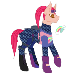 Size: 1100x1100 | Tagged: safe, artist:kookiebeatz, artist:peach-tea-adopts, base used, oc, oc only, oc:rainbow brite, species:earth pony, species:pony, armor, backpack, bag, belt, boots, brite bomber, clothing, ear fluff, female, fortnite, gloves, mare, raised hoof, shirt, shoes, simple background, solo, sunglasses, t-shirt, transparent background