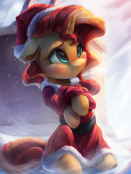Size: 3000x4000 | Tagged: safe, artist:vanillaghosties, character:sunset shimmer, species:pony, species:unicorn, g4, my little pony:equestria girls, christmas, clothing, cute, dawwww, female, hat, hnnng, holiday, mare, not fiery shimmer, santa hat, shimmerbetes, snow, solo, sweet dreams fuel