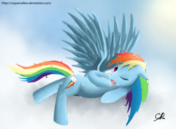 Size: 900x658 | Tagged: safe, artist:casparraillen, character:rainbow dash, species:pegasus, species:pony, cloud, female, mare, morning ponies, one eye closed, open mouth, signature, sky, solo, spread wings, wings