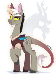 Size: 3000x4020 | Tagged: safe, artist:zlayd-oodles, character:discord, species:alicorn, species:draconequus, species:pony, species:unicorn, bat wings, beard, black hair, chaos, clothing, colored sketch, design, facial hair, male, pony discord, shirt, solo, sweater, tail, white hair, wings, yellow eyes