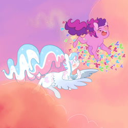 Size: 1280x1280 | Tagged: safe, artist:let-the-rainbow-remind-us, character:sky wishes, character:star catcher, species:earth pony, species:pegasus, species:pony, episode:dancing in the clouds, g3, blushing, butterfly, couple, female, flying, happy, laughing, lesbian, lidded eyes, ponytail, shipping, skycatcher, tickling