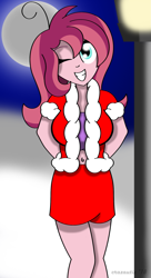 Size: 1087x2000 | Tagged: safe, artist:crazautiz, oc, oc:contralto, my little pony:equestria girls, belly button, christmas, equestria girls-ified, female, full moon, hands behind back, holiday, lamppost, midriff, moon, night, one eye closed, smiling, solo, wink