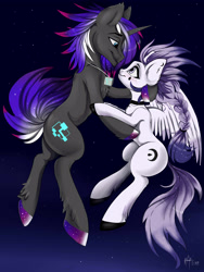 Size: 3000x4000 | Tagged: safe, artist:athenawhite, oc, oc only, oc:moonlit mourning, oc:nexus, species:pegasus, species:pony, species:unicorn, commission, evening, female, flying, high res, leg fluff, looking at each other, male, mare, shipping, signature, spread wings, stallion, straight, wings, ych result