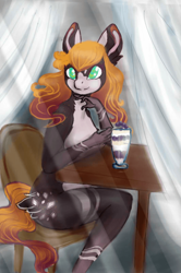 Size: 700x1052 | Tagged: source needed, safe, artist:jerraldina, oc, oc only, oc:alice, species:anthro, anthro oc, big ears, breasts, cutie mark, ear fluff, food, green eyes, ice cream, pale belly, table