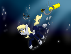 Size: 1500x1125 | Tagged: safe, artist:uwdr-64, character:derpy hooves, species:pony, air tank, bubble, diving goggles, diving suit, goggles, scuba, scuba mask, swimming, underwater, wetsuit