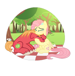 Size: 784x800 | Tagged: safe, artist:verona-5i, character:big mcintosh, character:fluttershy, species:pony, ship:fluttermac, crying, female, flower, flower in hair, forest, male, picnic blanket, shipping, straight, tears of joy, tree, two toned wings