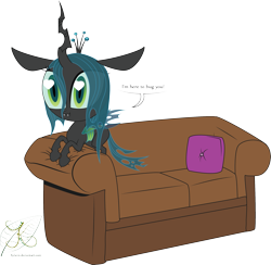 Size: 2325x2265 | Tagged: safe, artist:kylami, character:queen chrysalis, species:changeling, changeling queen, chibi, couch, cushion, cute, cutealis, dawwww, dialogue, female, heart eyes, nymph, pun, signature, simple background, solo, speech, transparent background, wingding eyes