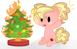 Size: 794x506 | Tagged: safe, artist:verona-5i, oc, oc:jonathan apple, parent:applejack, parent:pinkie pie, parents:applepie, species:earth pony, species:pony, chibi, christmas, christmas tree, female, filly, fire, holiday, magical lesbian spawn, offspring, solo, tree