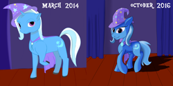 Size: 6002x3000 | Tagged: safe, artist:kickassking, character:trixie, species:pony, species:unicorn, cape, clothing, female, hat, mare, redraw, solo, stage, trixie's cape, trixie's hat