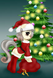 Size: 1200x1768 | Tagged: safe, artist:jerraldina, oc, oc only, oc:osha, species:earth pony, species:pony, bipedal, bipedal leaning, christmas, christmas tree, clothing, costume, digital art, ear piercing, female, gradient background, green background, hat, holiday, leaning, looking at you, looking back, mare, piercing, plot, present, sack, santa costume, santa hat, signature, simple background, smiling, socks, solo, thigh highs, tree, ych result