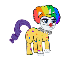Size: 800x670 | Tagged: safe, artist:paw-of-darkness, character:rarity, species:pony, clothing, clown, clown nose, clown outfit, clownity, costume, not fabulous, rainbow wig, rarity is not amused, ruff (clothing), silly, unamused, unhappy