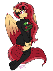 Size: 768x1024 | Tagged: safe, artist:rubysplash2018, oc, oc only, oc:ruby splash, species:anthro, species:bat pony, bat pony oc, bottomless, bow, clothing, hair bow, hairclip, hybrid wings, jumper, partial nudity, simple background, socks, solo, sweater, the grinch, thigh highs, transparent background