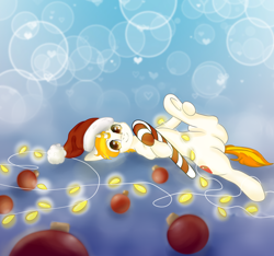 Size: 1768x1652 | Tagged: safe, artist:jerraldina, oc, oc only, oc:covfefe cream, species:pony, species:unicorn, abstract background, candy, candy cane, christmas, christmas lights, digital art, female, food, frog (hoof), holiday, looking at you, lying down, mare, signature, smiling, solo, underhoof, ych result