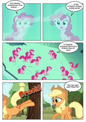 Size: 4959x7017 | Tagged: safe, artist:purplewonderpower, edit, edited screencap, screencap, character:applejack, character:pinkie pie, episode:the super speedy cider squeezy 6000, episode:too many pinkie pies, g4, my little pony: friendship is magic, absurd resolution, alternate scenario, apple, apple tree, applebucking, cave, cave pool, clone, clones, comic, mirror pool, multeity, pinkie clone, sweat, too much pink energy is dangerous, tree