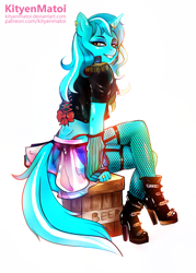 Size: 2071x2896 | Tagged: safe, artist:kityenmatoi, character:lyra heartstrings, species:anthro, species:pony, species:unicorn, boots, clothing, crossed legs, ear piercing, earring, female, fishnets, high heel boots, high heels, horn ring, jewelry, mare, panties, piercing, shoes, sitting, solo, thong, underwear