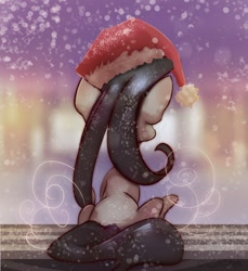Size: 1000x1091 | Tagged: safe, artist:woofmaple, character:octavia melody, species:earth pony, species:pony, bench, christmas, clothing, female, hat, holiday, mare, rear view, santa hat, sitting, snow, solo