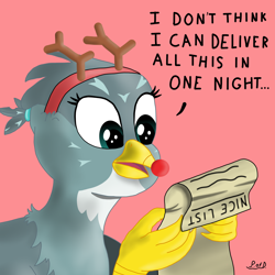Size: 2500x2500 | Tagged: safe, artist:paw-of-darkness, character:gabby, species:griffon, antlers, christmas, female, holiday, parchment, red nose, simple background, solo, text