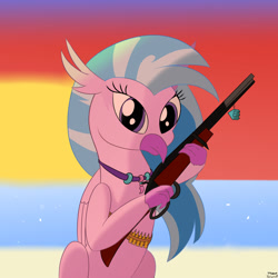 Size: 2000x2000 | Tagged: safe, artist:tazool, character:silverstream, species:hippogriff, beach, bullet, female, gun, keychain, lever action rifle, looking at you, no trigger discipline, ocean, rifle, sand, sitting, solo, stairs, straight face, sunset, that hippogriff sure does love stairs, water, weapon, wings