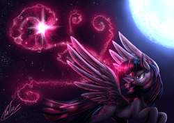 Size: 1169x826 | Tagged: safe, artist:pocketyhat, character:twilight sparkle, character:twilight sparkle (alicorn), species:alicorn, species:pony, female, full moon, glowing horn, magic, moon, night, signature, sky, smiling, solo