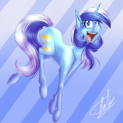 Size: 1024x1024 | Tagged: safe, artist:pocketyhat, character:minuette, species:pony, species:unicorn, abstract background, cutie mark, eye clipping through hair, female, happy, mare, open mouth, pronking, solo