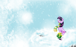 Size: 1280x802 | Tagged: safe, artist:pocketyhat, character:twilight sparkle, character:twilight sparkle (unicorn), species:pony, species:unicorn, clothing, cloud, female, hoof boots, mare, open mouth, scarf, sitting, snow, solo, wallpaper