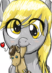 Size: 1240x1748 | Tagged: safe, artist:pocketyhat, character:derpy hooves, character:doctor whooves, character:time turner, species:pegasus, species:pony, cutie mark, eye clipping through hair, female, heart, looking at you, mare, mouth hold, plushie, simple background, solo, white background