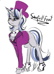 Size: 438x594 | Tagged: safe, artist:pocketyhat, character:snowfall frost, species:pony, species:unicorn, blank flank, clothing, female, glasses, hat, looking at you, mare, raised eyebrow, shoes, sidemouth, simple background, sneer, solo, spats, top hat, white background