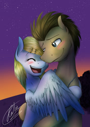 Size: 826x1169 | Tagged: safe, artist:pocketyhat, character:derpy hooves, character:doctor whooves, character:time turner, species:earth pony, species:pegasus, species:pony, ship:doctorderpy, blushing, dusk, eyes closed, female, hairpin, hairpin derpy, happy, hug, jewelry, male, mare, necklace, shipping, smiling, stallion, stars, straight, twilight (astronomy)