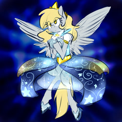 Size: 1024x1024 | Tagged: safe, artist:pocketyhat, character:derpy hooves, species:pegasus, species:pony, abstract background, clothing, cutie mark, dress, eye clipping through hair, female, flying, hairpin derpy, jewelry, mare, slippers, solo, tiara