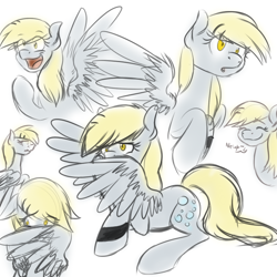 Size: 700x700 | Tagged: safe, artist:pocketyhat, character:derpy hooves, species:pegasus, species:pony, bracelet, covering face, cutie mark, eyes closed, female, hairpin derpy, jewelry, mare, open mouth, simple background, sketch, sketch dump, smiling, solo, white background