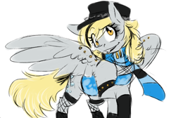 Size: 880x590 | Tagged: safe, artist:pocketyhat, character:derpy hooves, species:pegasus, species:pony, black lipstick, bracelet, clothing, cutie mark, dress, female, fishnets, hat, highlights, jewelry, lipstick, mare, mascara, piercing, scarf, scarf derpy, simple background, socks, solo, spiked wristband, spread wings, white background, wing piercing, wings, wristband