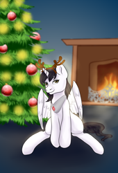 Size: 1200x1768 | Tagged: safe, artist:jerraldina, oc, oc only, oc:shiron, species:alicorn, species:pony, alicorn oc, antlers, christmas, christmas tree, fireplace, holiday, horn, reindeer antlers, solo, tree, wings
