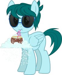 Size: 1200x1461 | Tagged: safe, artist:yoshimon1, derpibooru original, oc, oc only, oc:cloudy bits, species:pegasus, species:pony, 2019 community collab, derpibooru community collaboration, cloud, coconut, description is relevant, drinking, drinking straw, female, food, mare, simple background, snow, snowfall, solo, story included, sunglasses, transparent background