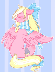 Size: 700x900 | Tagged: safe, artist:kannakiller, oc, oc only, oc:bay breeze, species:pegasus, species:pony, abstract background, blushing, bow, clothing, cute, eyes closed, female, hair bow, mare, scarf, simple background, tail bow, ych result