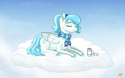 Size: 1280x803 | Tagged: safe, artist:shiropoint, oc, oc only, oc:snow-wing, species:pegasus, species:pony, clothing, cloud, on a cloud, scarf, thermos